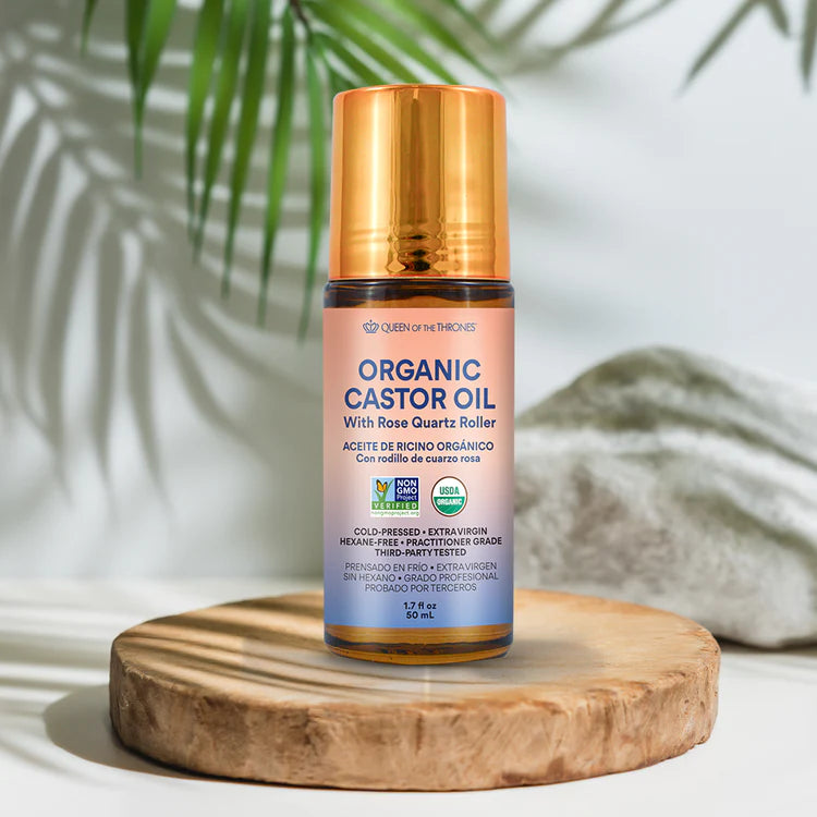 Aceite de Ricino Orgánico con Roll-On de Cuarzo Rosa — Belleza Natural Sin Desorden